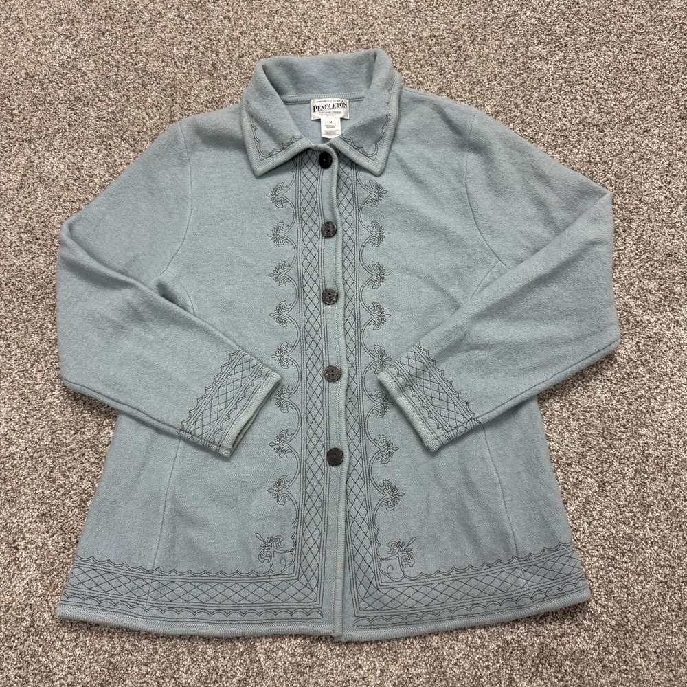 Pendleton Cardigan Sweater Womens Petites M Blue Embroidered Button Front Knit